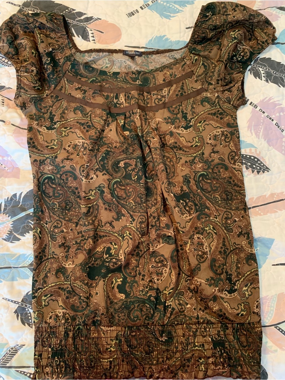 Maurices Brown and Green Paisley Short Sleeve Blouse